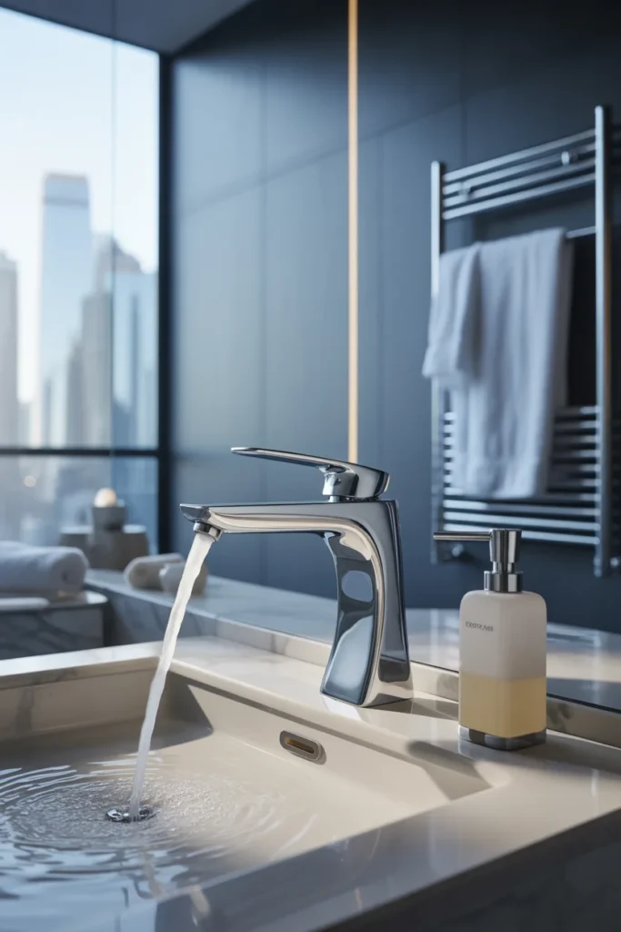 Futuristic bathroom with smart faucet