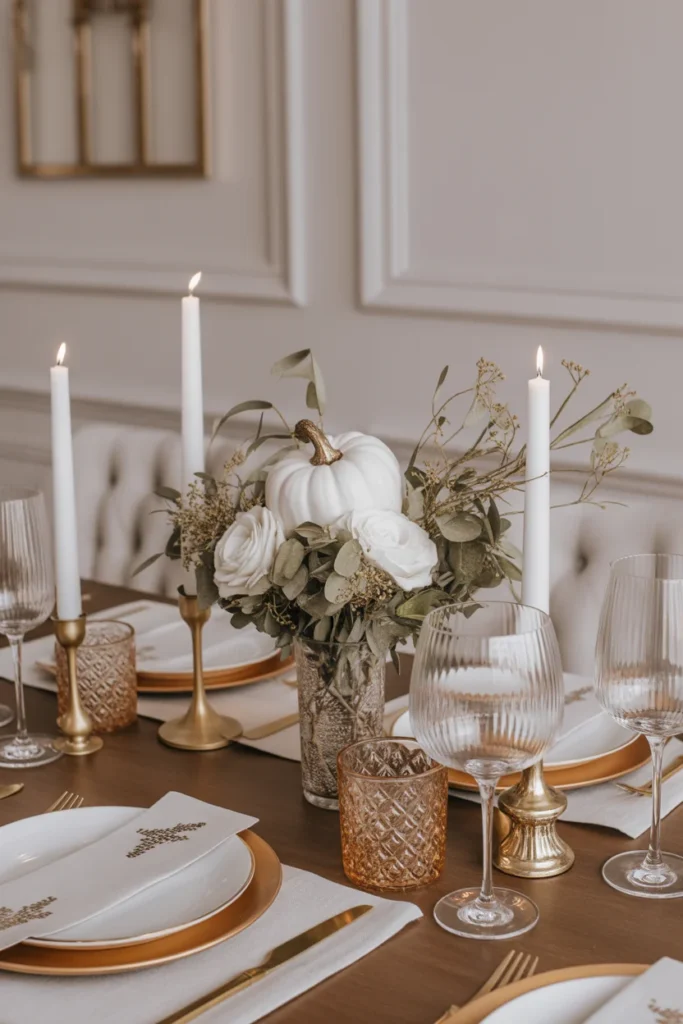 23 Stunning Thanksgiving Centerpieces to Try This Year 8 Glamorous gold and white Thanksgiving table decor