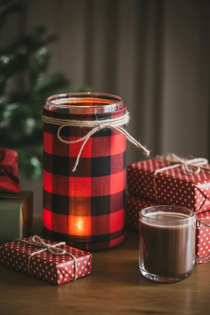18+ Charming DIY Christmas Lanterns Ideas to Light Up Your Holiday Season 16 Glass cylinder lantern wrapped in red and black buffalo