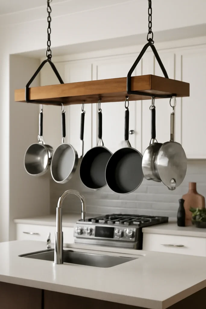 17 Kitchen Equipment Storage Ideas to Keep Your Space Organized 3 Hanging racks above kitchen islands