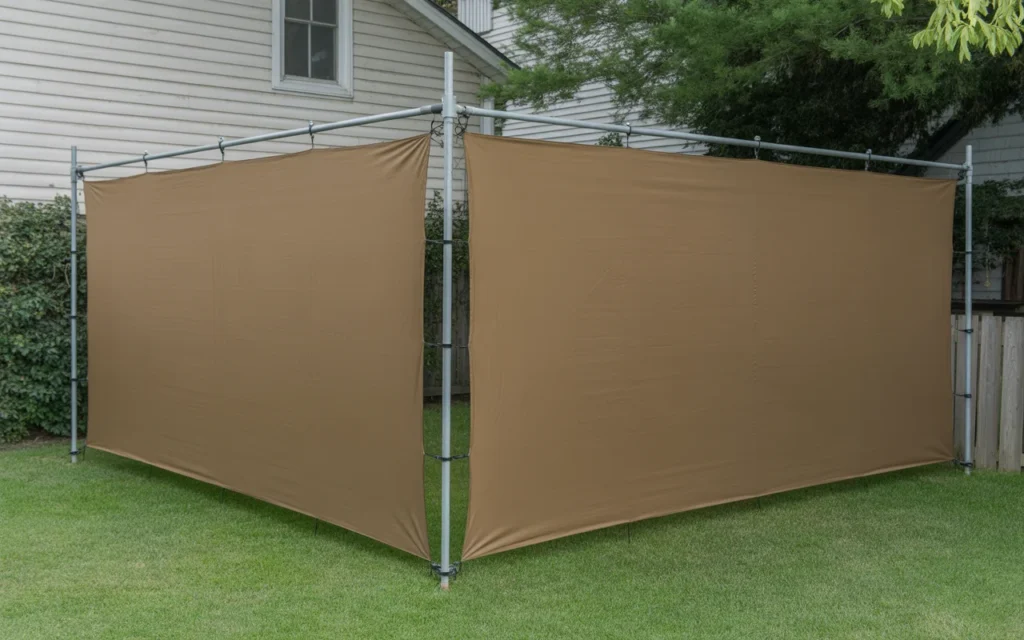 10 Cheap and Easy Privacy Fence Ideas 11 Heavy duty browntan tarp stretched between metal posts