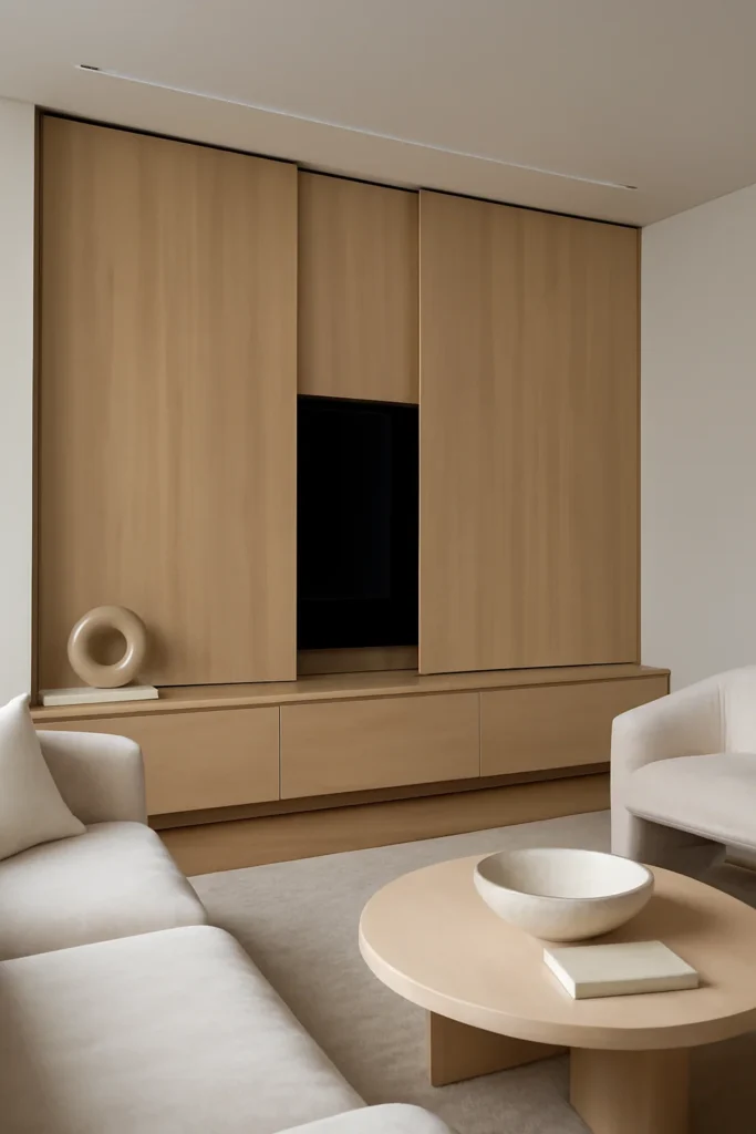 Hidden TV wall with sliding wooden panels