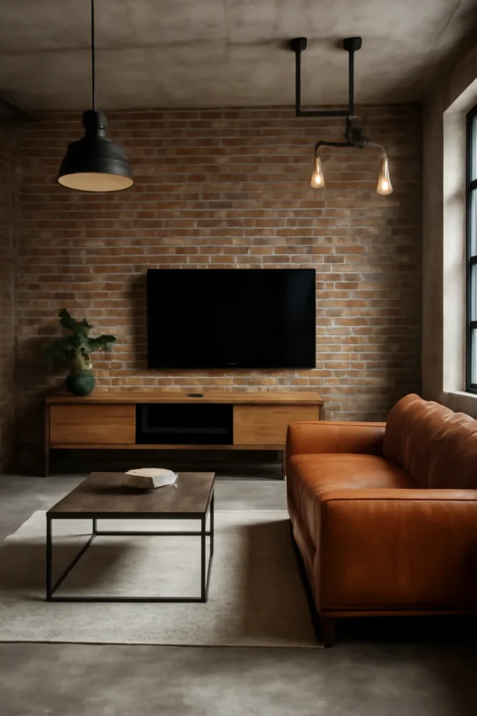 Industrial living room with exposed brick TV wall