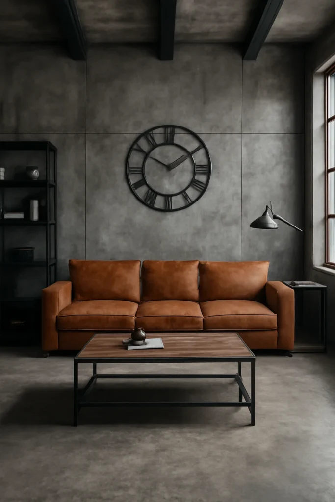 Industrial loft living room with gray concrete walls