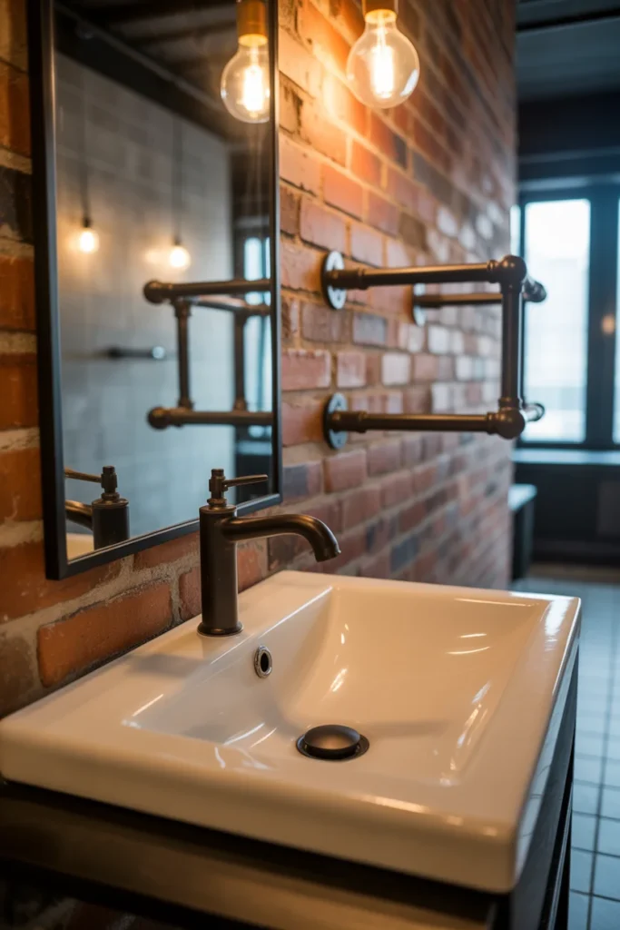 Industrial style bathroom with exposed pipe towel racks