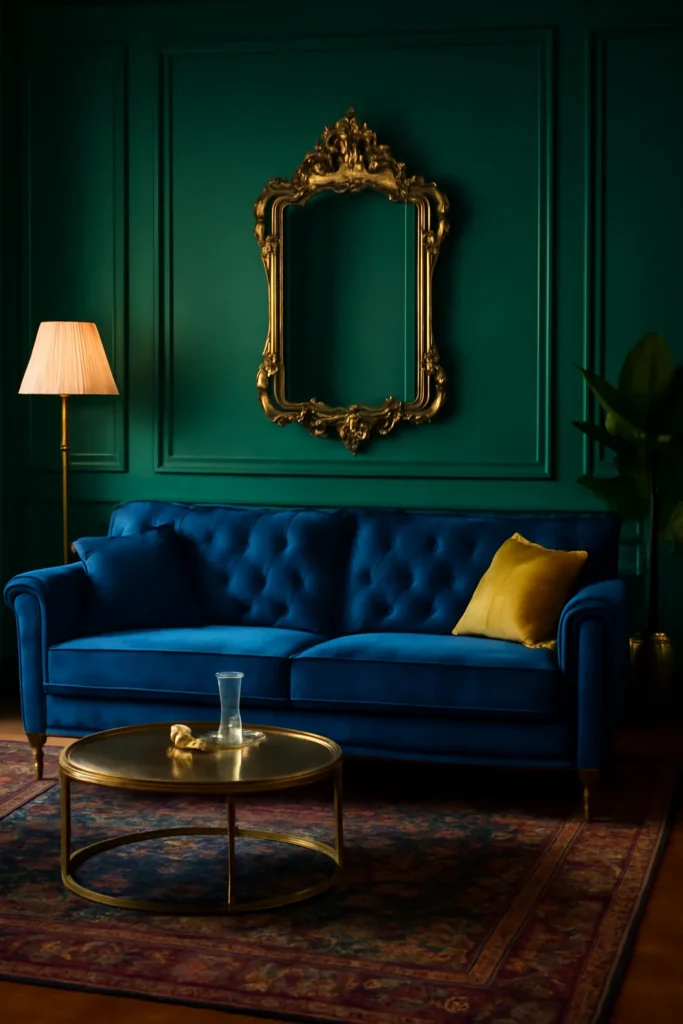 Jewel tone living room with emerald walls