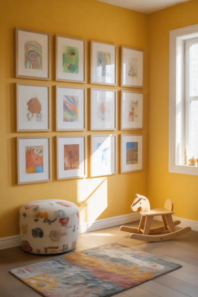 Kids gallery wall with framed drawings and artwork