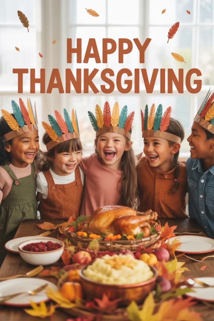 30 Fun and Creative Thanksgiving Crafts for Kids 15 Kids wearing handmade paper feather headbands