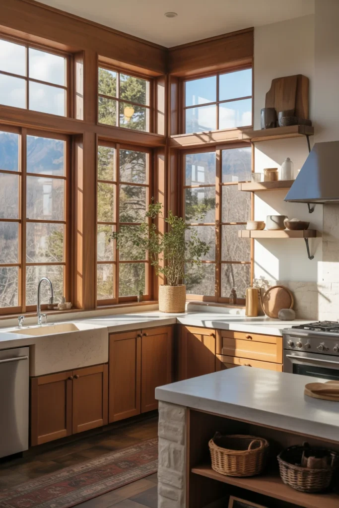 20 Rustic Farmhouse Kitchen with Natural Stone and Wooden Accents 16 Large Windows with Stone and Wood D