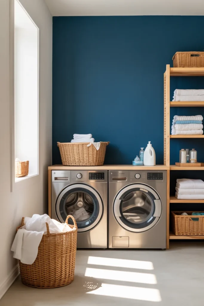 27 Laundry Room Design Ideas for a Stylish & Functional Home 4 Laundry room with bold navy accent wall