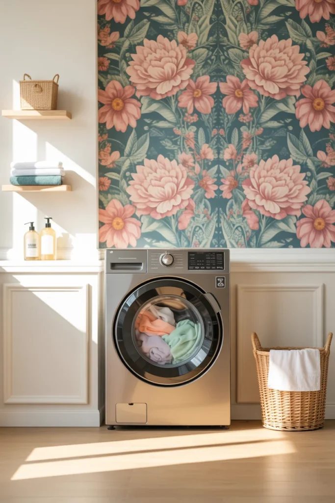 27 Laundry Room Design Ideas for a Stylish & Functional Home 11 Laundry room with floral wallpaper accent wall