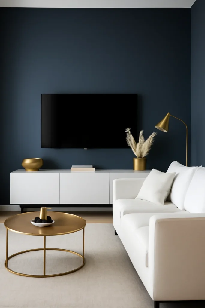 Living room TV wall painted matte navy blue