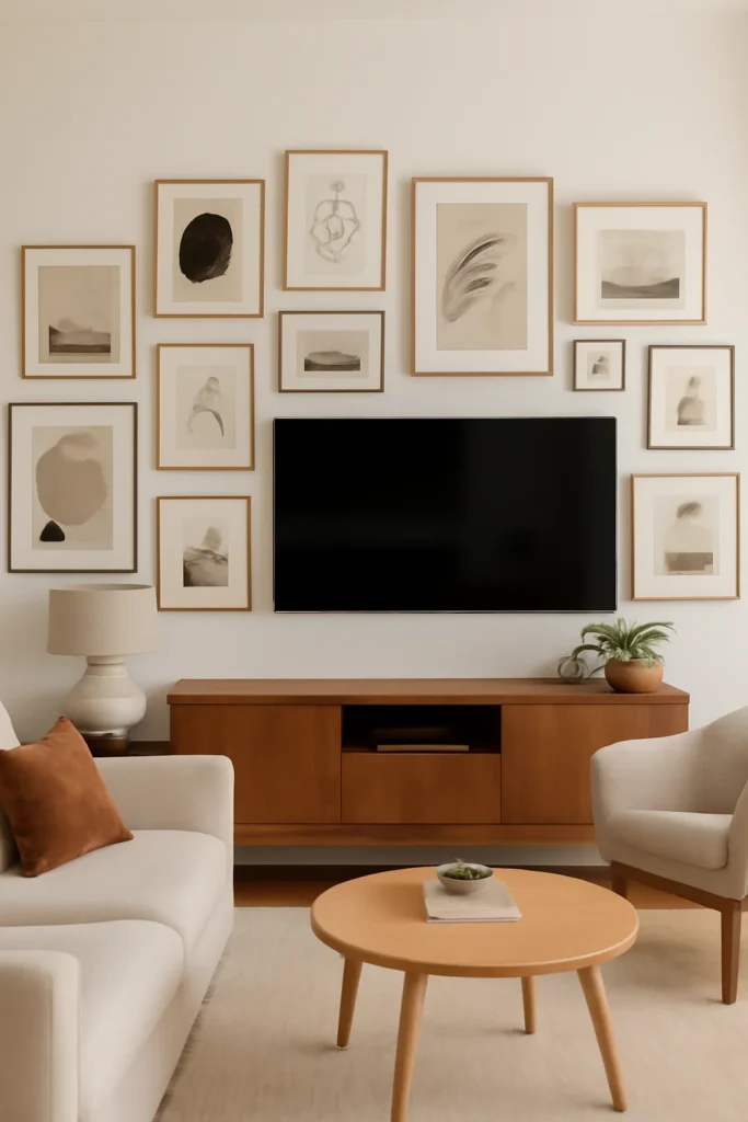 Living room gallery wall with TV in center