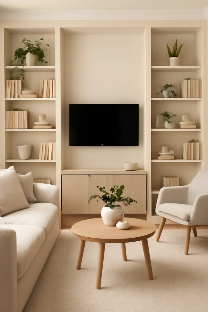 Living room with built in shelves around TV