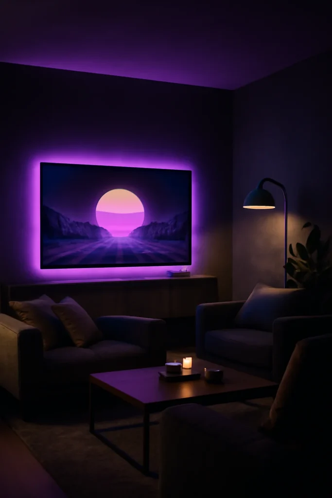 Living room with neon LED backlit TV wall