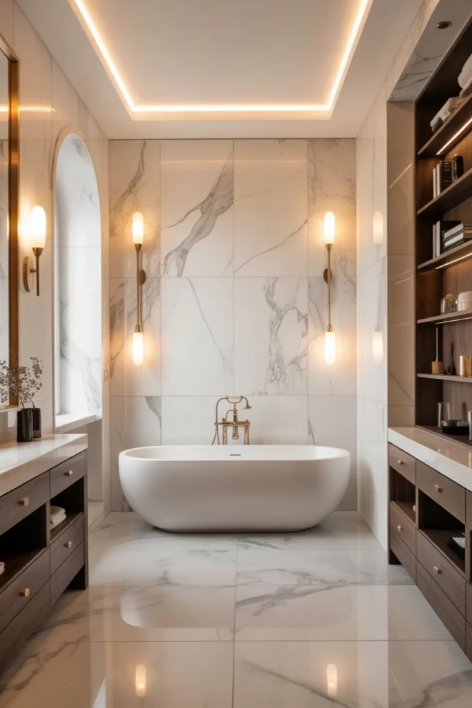 30 Modern & Classy Bathroom Decor Ideas for a Stylish Home 11 Luxurious bathroom with white marble walls and floors