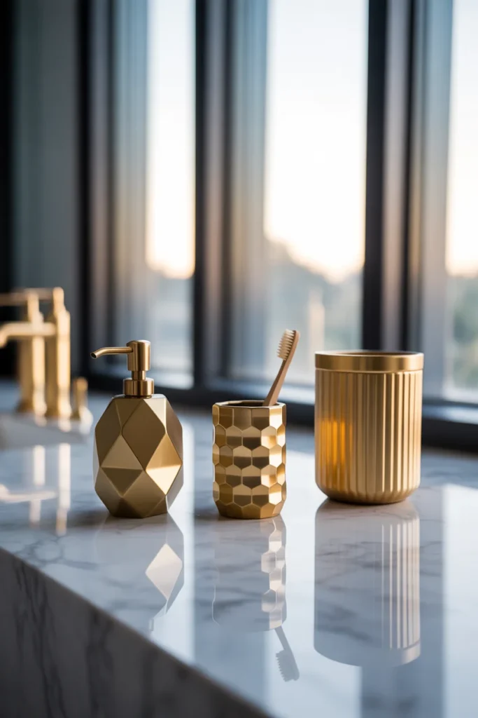 17 Bathroom Accessories Sets to Upgrade Your Space 2 Luxurious brushed gold bathroom