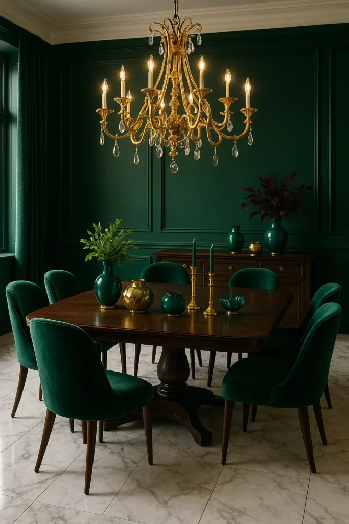 10 Stunning Dining Rooms in Jewel Tones – Chic & Colorful Ideas 2 Luxurious dining room in emerald green and gold tones