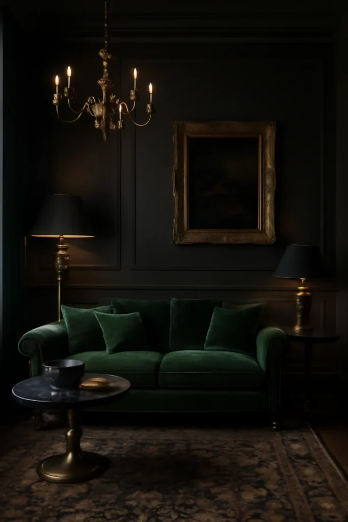Luxurious moody living room with charcoal walls