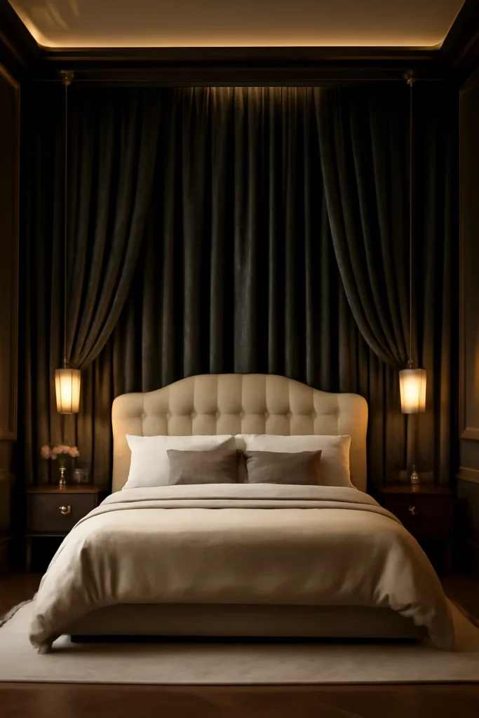 Luxury bedroom with full length velvet curtains