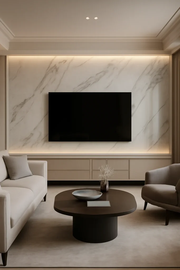 Luxury living room TV wall in white marble
