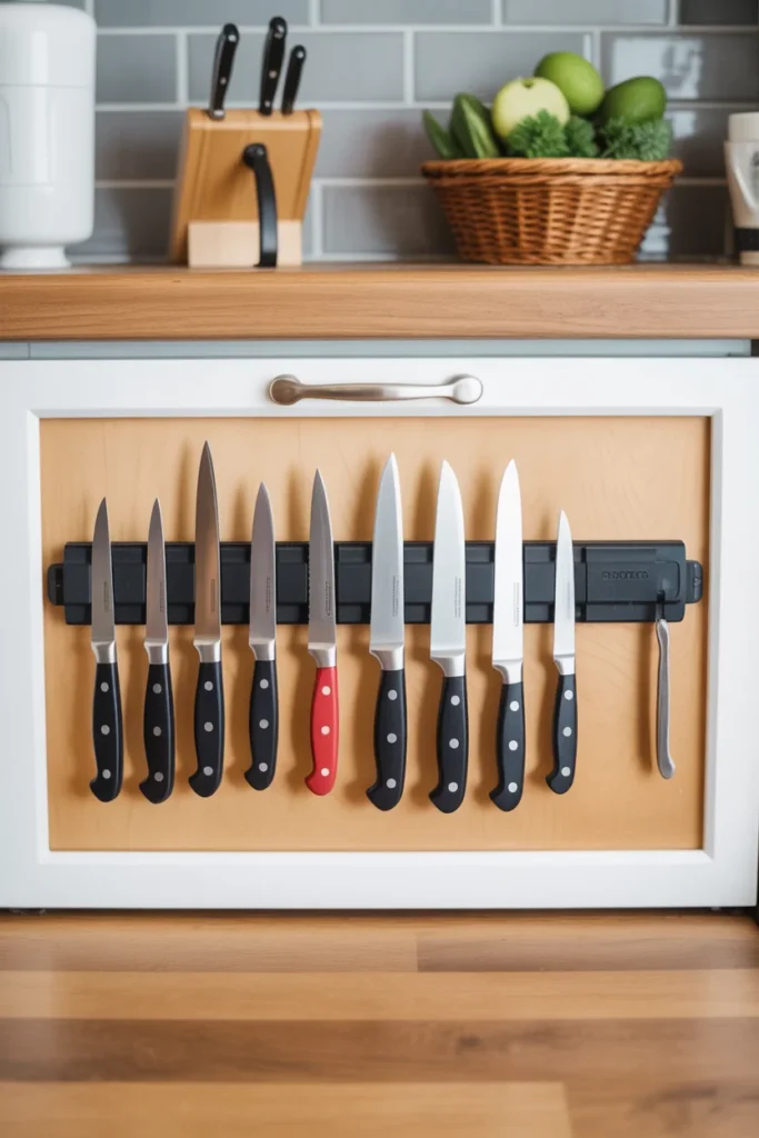 20+ Easy Kitchen Organization Ideas for Limited Space 9 Magnetic Strip for Knives on Inside Cabinet