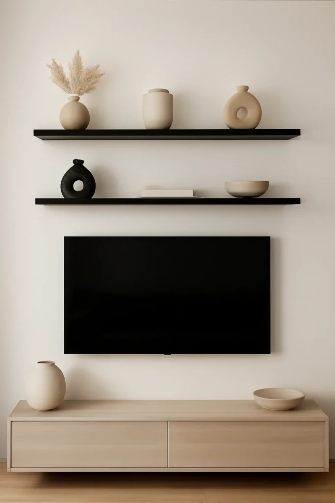 Minimalist living room TV wall with black floating shelves