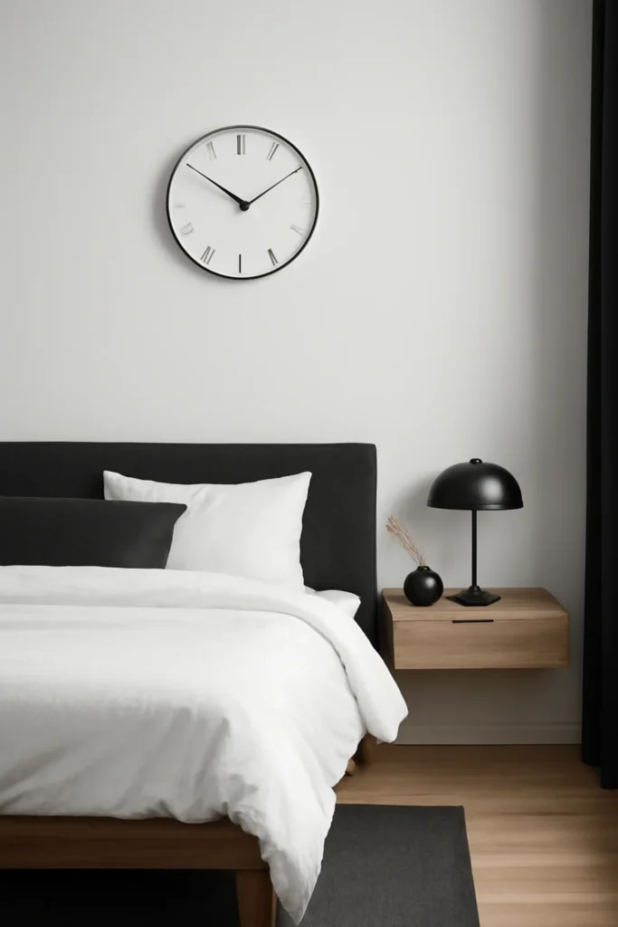Minimalist wall clock in a sleek bedroom