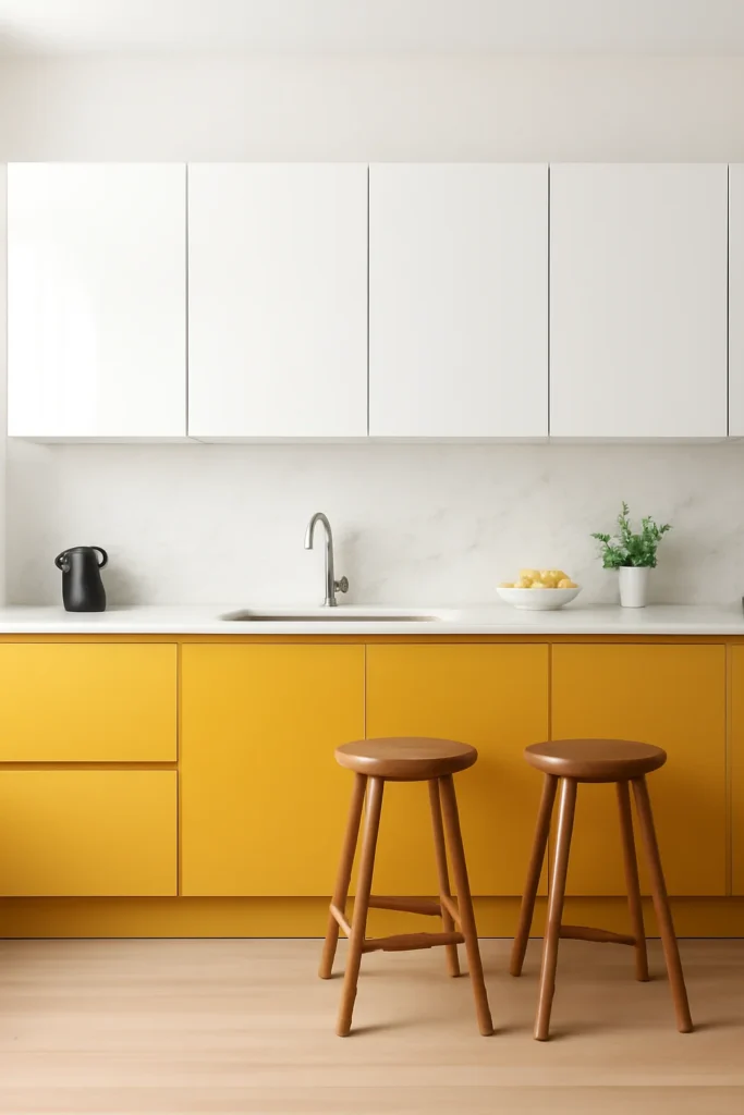 Kitchen Interior Colour Combination: Ideas to Transform Your Cooking Space 11 Modern kitchen with mustard yellow lower cabinets