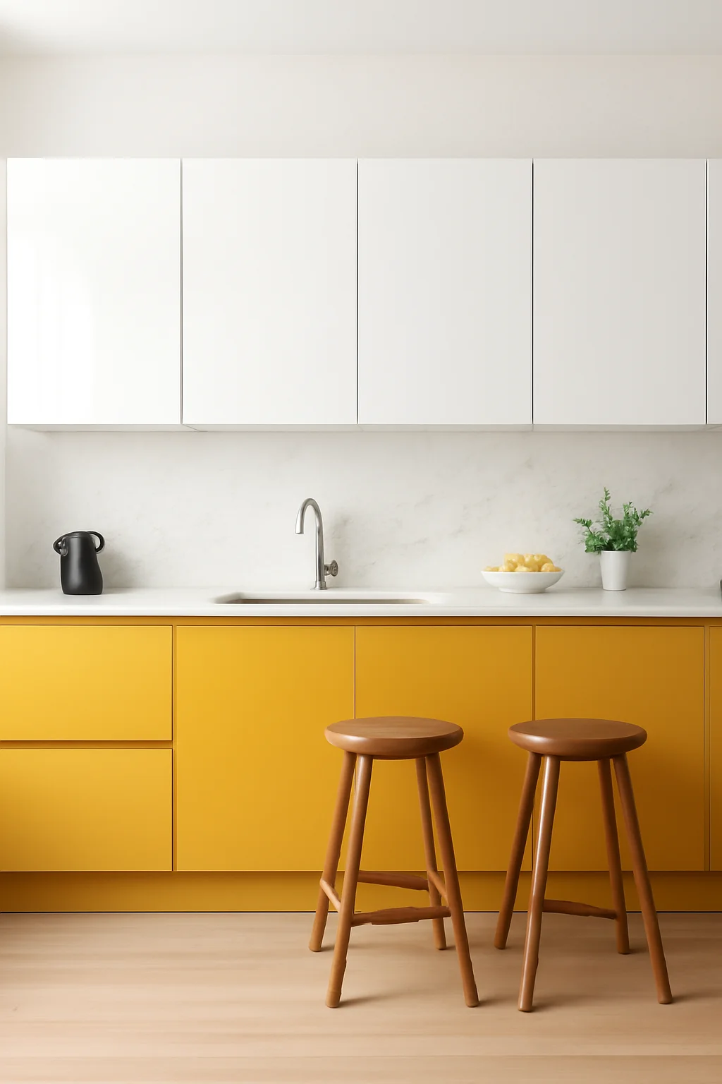 Modern kitchen with mustard yellow lower cabinets