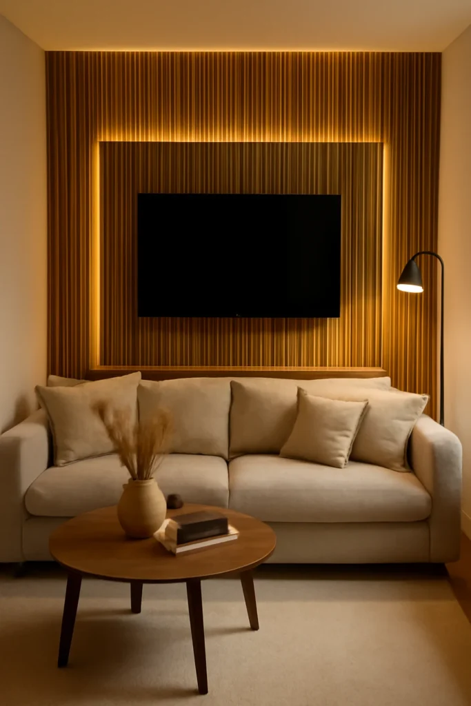 Modern living room with wooden slat TV wall
