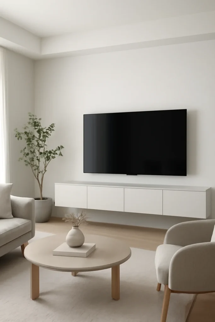 Modern minimalist living room with floating TV wall