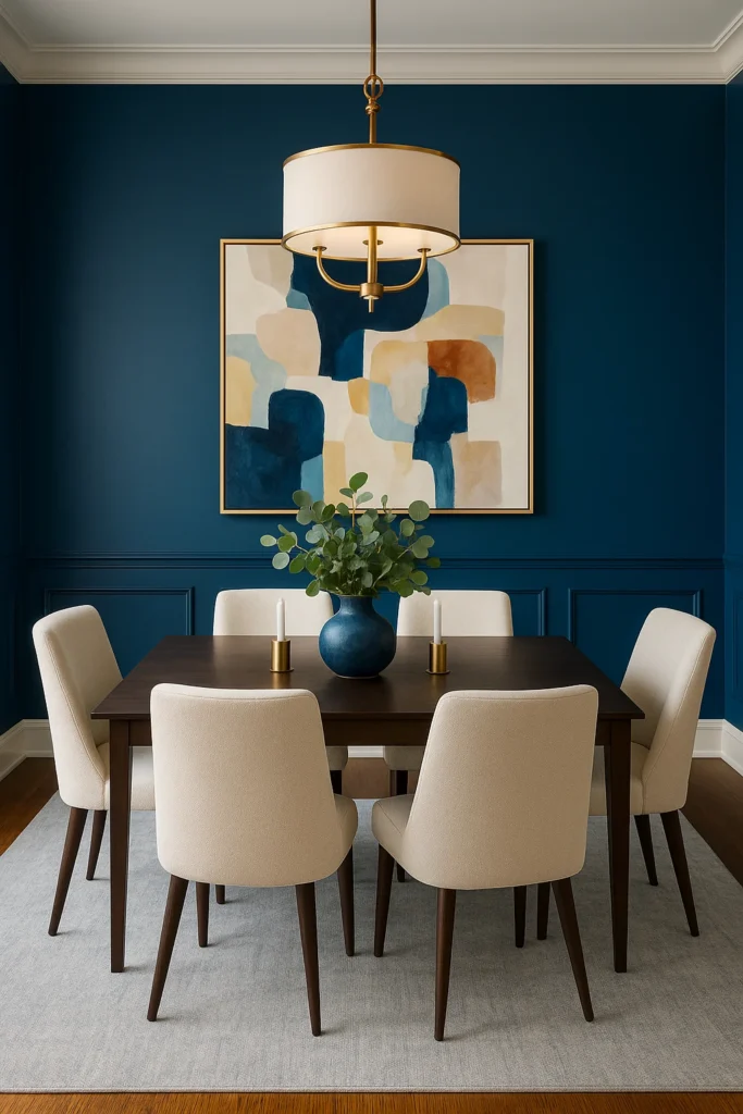 10 Stunning Dining Rooms in Jewel Tones – Chic & Colorful Ideas 3 Modern sapphire blue dining room with a navy accent wall