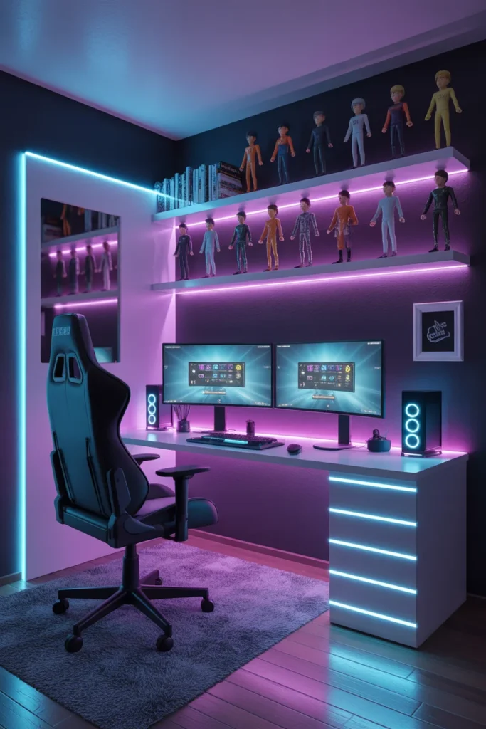 18 Creative Kids Bedroom Ideas for Boys: Adventurous,Modern, and Organized Spaces 3 Modern teen gaming bedroom with RGB LED strip lighting