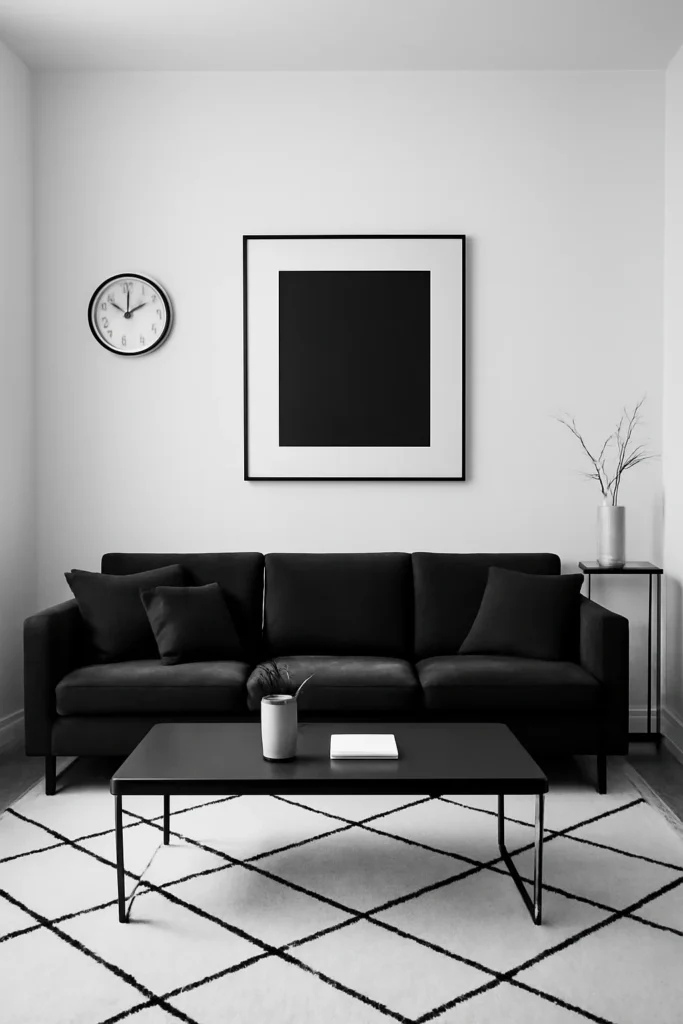 Monochrome modern living room with black sofa