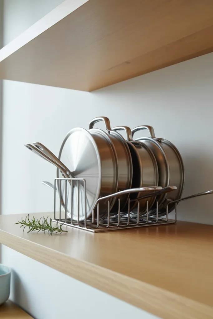 15 Must-Have Kitchen Gadgets 2025 to Transform Your Cooking Space 10 Pan organizer with neatly arranged pans and lids
