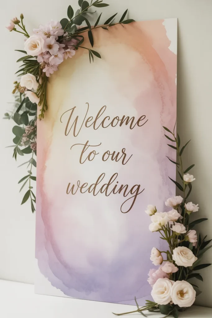20 Stunning Wedding Welcome Sign Ideas You’ll Love 10 Pastel watercolor background wedding welcome sign