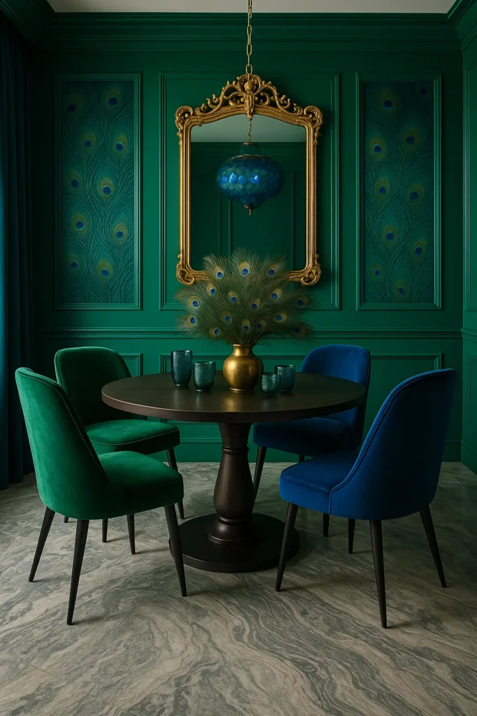 10 Stunning Dining Rooms in Jewel Tones – Chic & Colorful Ideas 9 Peacock inspired dining room