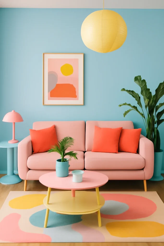 Playful pastel living room with blush sofa