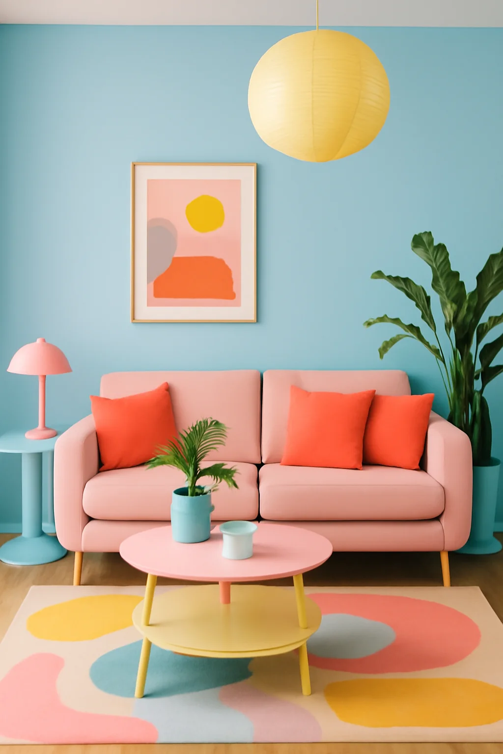Playful pastel living room with blush sofa