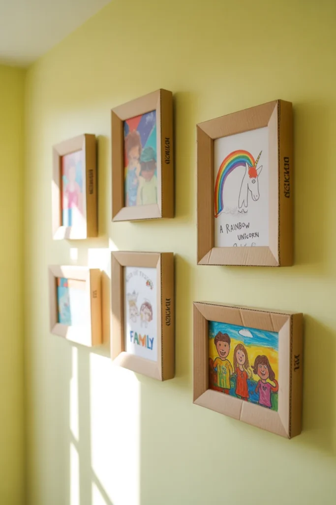 Recycled cardboard photo frames with kids artwork