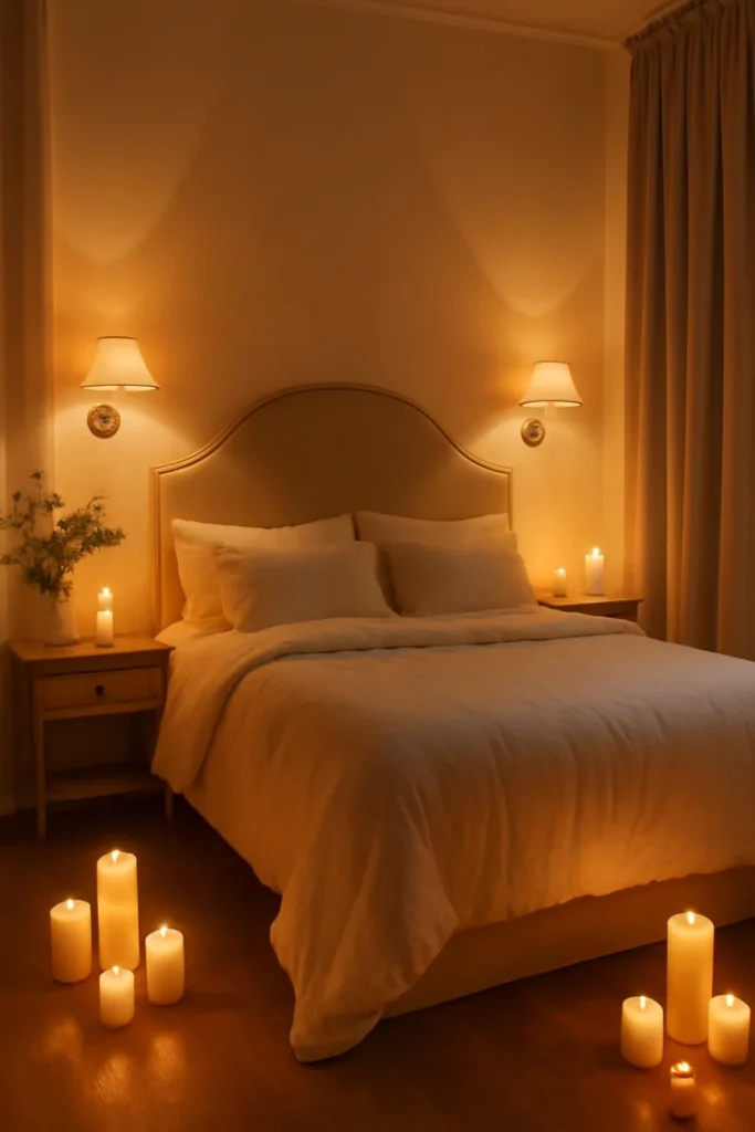 Romantic bedroom with glowing candles