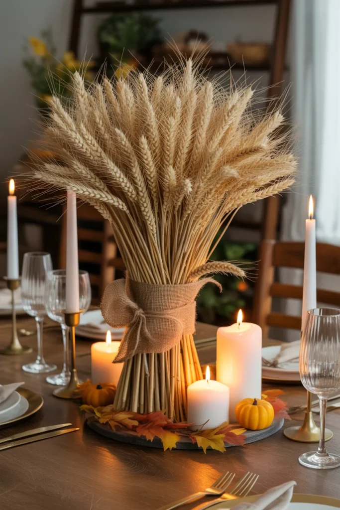 23 Stunning Thanksgiving Centerpieces to Try This Year 12 Rustic Thanksgiving centerpiece with bundles of wheat tied