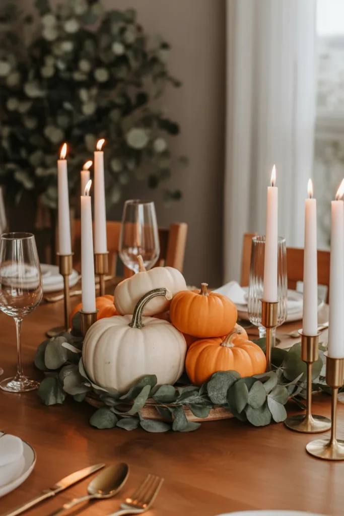 23 Stunning Thanksgiving Centerpieces to Try This Year 2 Rustic Thanksgiving centerpiece with white and orange pumpkins