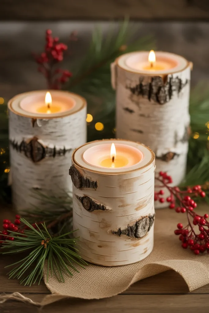 18+ Charming DIY Christmas Lanterns Ideas to Light Up Your Holiday Season 5 Rustic birch bark cylinder lanterns with natural wood texture