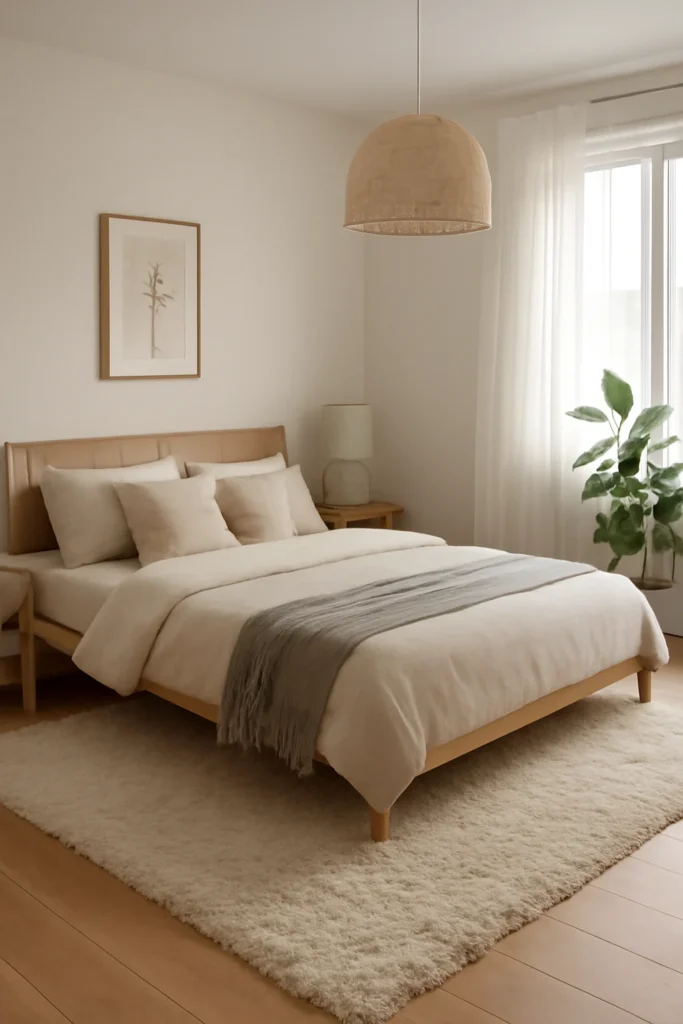 Scandinavian bedroom with a plush area rug