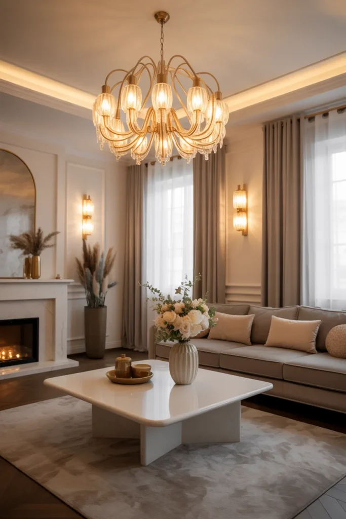 30+ Gorgeous Living Room Ceiling Lighting Ideas for Modern & Classic Homes 21 Soft Gold Finishes
