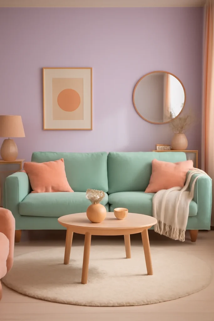 Soft pastel living room with lavender walls