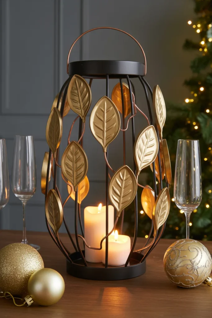18+ Charming DIY Christmas Lanterns Ideas to Light Up Your Holiday Season 17 Sophisticated black metal lantern decorated with gold painted