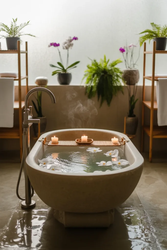 Spa inspired bathroom with wooden towel racks